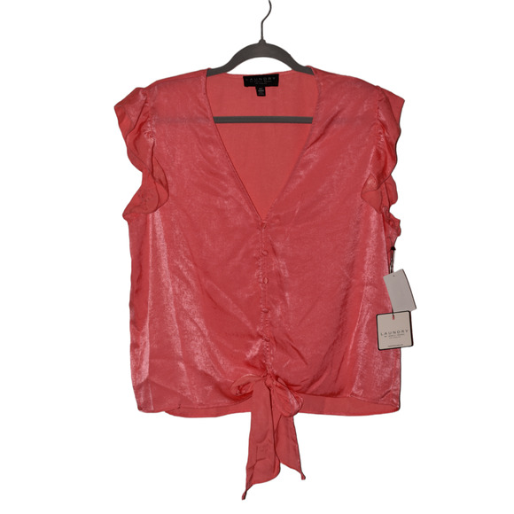 LAUNDRY SHELLI SEGAL NEW $70 Pink Ruffle V-Neck Button Up Blouse Tie Bottom XL - Picture 1 of 3